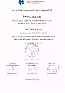 Świadectwo ukończenia studiów podyplomowych w zakresie Executive Master of Business Administration