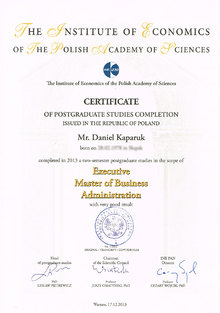Certificate of completion postgraduate studies in the scope of Executive Master of Business Administration