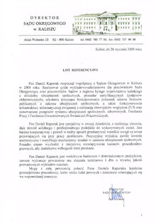 List referencyjny dyrektora Sądu Okręgowego w Kaliszu