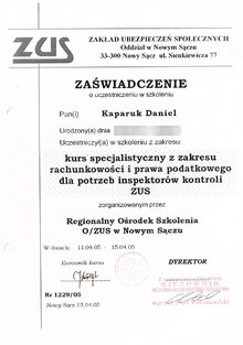 Zaświadczenie o uczestnictwie w kursie specjalistycznym z zakresu rachunkowości i prawa podatkowego dla potrzeb inspektorów kontroli ZUS