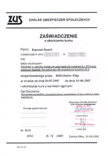 Zaświadczenie o ukończeniu szkolenia w zakresie świadczeń emerytalnych i rentowych z FUS oraz ustalania Kapitału Początkowego dla inspektorów kontroli ZUS