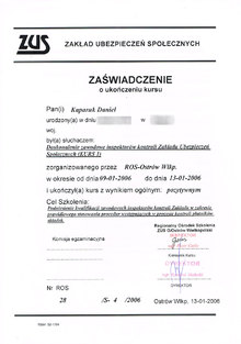 Zaśwaidczenie o ukończeniu kursu doskonalenia zawodowego inspektorów kontroli ZUS