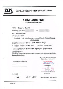 Zaświadczenie o ukończeniu szkolenia w zakresie obsługi programu Płatnik - Płatnik Przekaz Elektroniczny