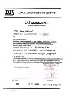 Zaświadczenie o ukończeniu szkolenia dla pracowników ZUS w zakresie stosowania kodeksu postępowania administracyjnego przy załatwianiu spraw z ubezpieczenia społecznego