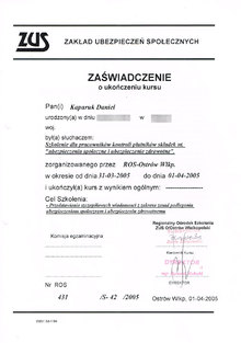 Zaświadczenie o ukończeniu szkolenia dla pracowników kontroli płatnikówskładek nt. ubezpieczenia społecznego i ubezpieczenia zdrowotnego