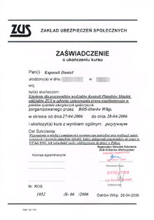 Zaświadczenie o ukończeniu szkolenia dla pracowników wydziałów Kontroli Płatników Składek oddziałów ZUS w zakresie zastosowania prawa wspólnotowego w polskim systemie ubezpieczeń społecznych