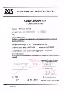 Zaświadczenie o ukończeniu kursu podstawy wiedzy psychologicznej w zakresie przydatnym w realizacji zadań kontrolnych