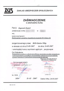 Zaświadczenie o ukończeniu kursu doskonalenia zawodowego inspektorów kontroli ZUS