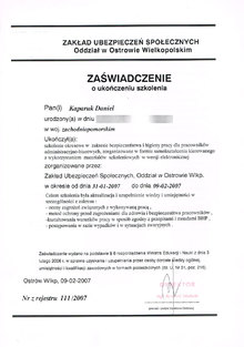 Zaświadczenie o ukończeniu szkolenia okresowego w zakresie bezpieczeństwa i higieny pracy dla pracowników administracyjno-biurowych, zorganizowane w formie samokształcenia kierowanego z wykorzystaniem materiałów szkoleniowych w wersji elektronicznej