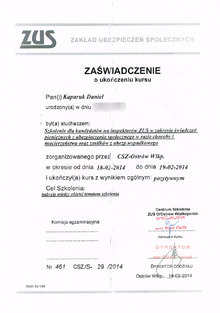 Zaświadczenie o ukończeniu szkolenia dla kandydatów na inspektorów ZUS w zakresie świadczeń pieniężnych z ubezpieczenia społecznego w razie choroby i macierzyństwa oraz zasiłków z ubezpieczenia wypadkowego