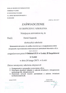 Zaświadczenie o ukończeniu szkolenia z zakresu dokumentowania prawa do zasiłku chorobowego z uwzględnieniem zmian związanych z wprowadzeniem elektronicznych świadczeń lekarskich e-ZLA