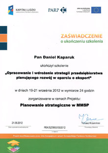 Zaświadczenie o ukończeniu szkolenia z zakresu opracowania i wdrożenia strategii przedsiębiorstwa planującego rozwój w oparciu o eksport