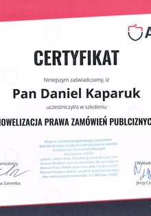 Certyfikat uczestnictwa w szkoleniu z zakresu nowelizacji prawa zamówień publicznych