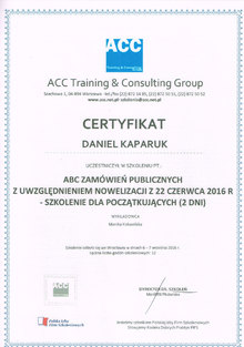 Certyfikat uczestnictwa w szkoleniu z zakresu abc zamówień publicznych z uwzględnieniem nowelizacji z 22 czerwca 2016 r.
