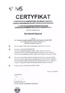 Certyfikat kompetencji inspektora ochrony danych - kursu z zakresu obowiązków inspektora ochrony danych i administratora w świetle RODO