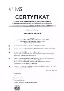 Certyfikat kompetencji inspektora ochrony danych - ukończenia kursu z zakresu opracowania polityki ochrony danych osobowych zgodnej z RODO