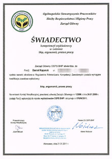 Świadectwo kompetencji wykładowcy w zakresie bhp, ergonomii, prawa pracy