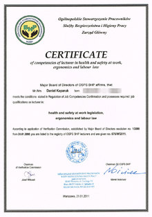 Certificate of competencies of lecturer in health and safety at work, ergonomics and labour law