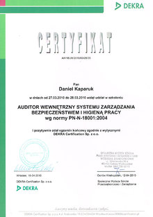 Certyfikat udziału w szkolenia z zakresu audytora wewnętrznego systemu zarządzania bezpieczeństwem i higieną pracy
