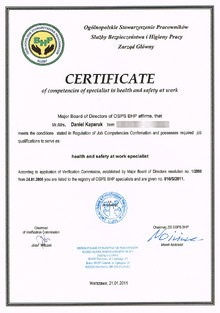 Certificate of competencies of specialist in health and safety at work