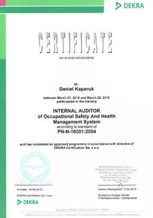 Certificate of participation in training - Internal auditor of occupational safety and health management system