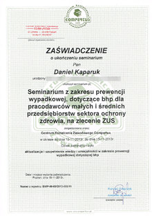 Zaświadczenie o ukończeniu seminarium z zakresu prewencji wypadkowej, dotyczoce bhp dla pracodawcó małych i średnich przedsiębiorstw sektora ochrony zdrowia, na zlecenie ZUS