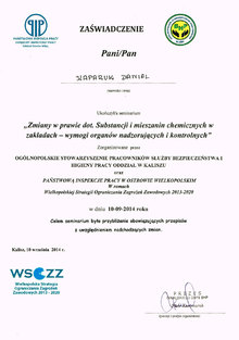 Zaświadczenie ukończenia seminarium z zakresu zmiany w prawie dot. substancji i mieszanin chemicznych w zakładach  - wymogów organó nadzorujących i kontrolnych