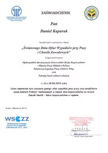 Zaświadczenie uczestnictwa w seminarium z okazji światowego dnia ofiar wypadków przy pracy i chorób zawodowych